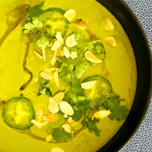 Curried Parsnip & Spinach Soup w Cilantro, Shaved Jalapenos + Roasted Almonds